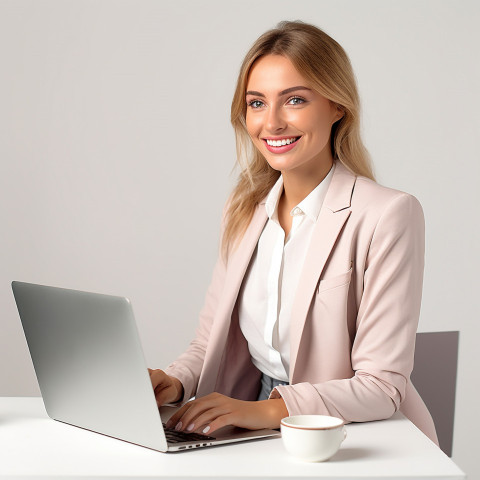 Friendly smiling beautiful woman banking and finance relationship manager at work on blured background