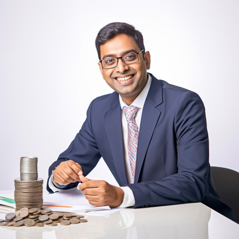 Friendly smiling handsome indian man banking and finance chief investment officer at work on blured background