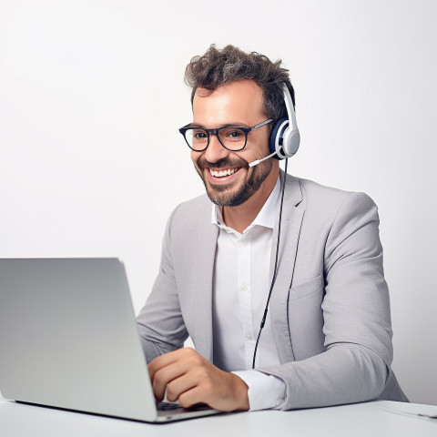 Friendly smiling handsome man banking and finance client support specialist at work on blured background