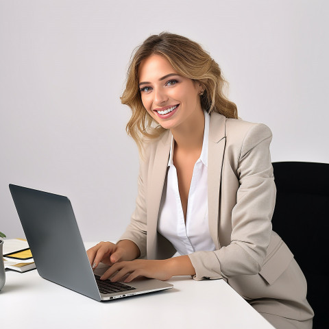 Friendly smiling beautiful woman banking and finance relationship manager at work on blured background