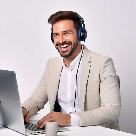 Friendly smiling handsome man banking and finance client support specialist at work on blured background