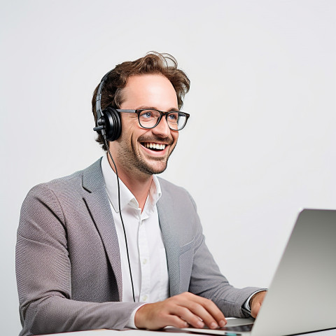 Friendly smiling handsome man banking and finance client support specialist at work on blured background