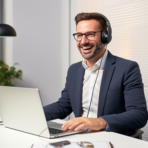 Friendly smiling handsome man banking and finance client support specialist at work on blured background