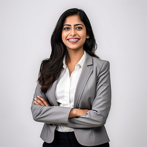 Friendly smiling beautiful indian woman banking and finance portfolio manager at work on blured background