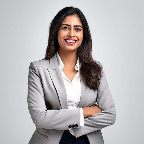 Friendly smiling beautiful indian woman banking and finance portfolio manager at work on blured background