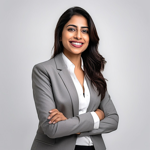 Friendly smiling beautiful indian woman banking and finance portfolio manager at work on blured background