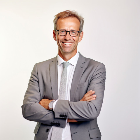 Friendly smiling handsome man banking and finance chief financial officer at work on blured background