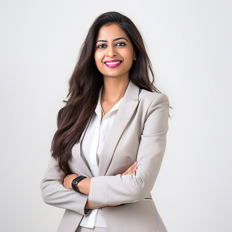 Friendly smiling beautiful indian woman banking and finance hr manager at work on blured background