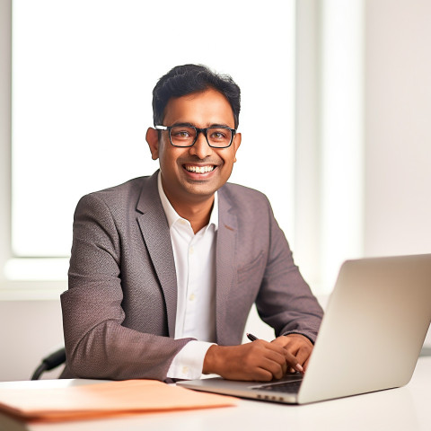 Friendly smiling handsome indian man banking and finance fund manager at work on blured background