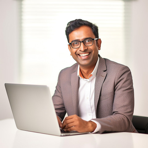 Friendly smiling handsome indian man banking and finance fund manager at work on blured background