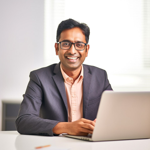 Friendly smiling handsome indian man banking and finance fund manager at work on blured background