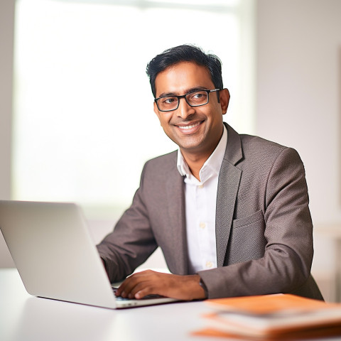 Friendly smiling handsome indian man banking and finance fund manager at work on blured background