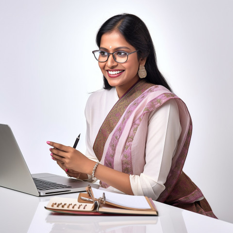 Friendly smiling beautiful indian woman banking and finance accountant at work on blured background