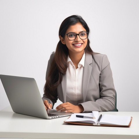 Friendly smiling beautiful indian woman banking and finance accountant at work on blured background