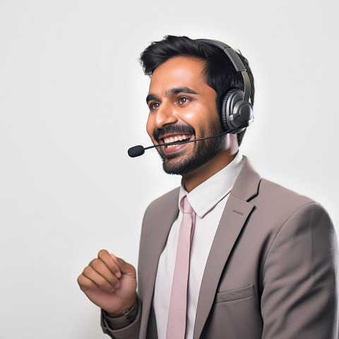 Friendly smiling handsome indian man banking and finance call center representative at work on blured background