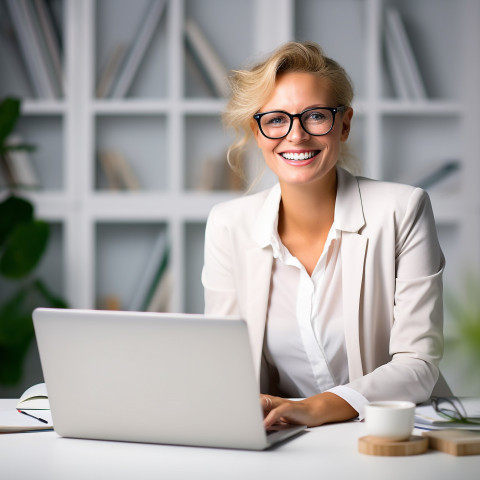 Friendly smiling beautiful woman banking and finance chief risk officer at work on blured background