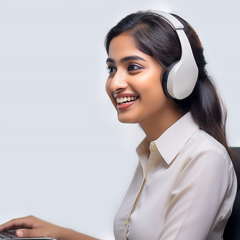 Friendly smiling beautiful indian woman banking and finance call center representative at work on blured background