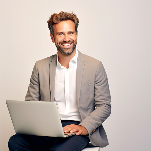 Friendly smiling handsome man banking and finance marketing manager at work on blured background