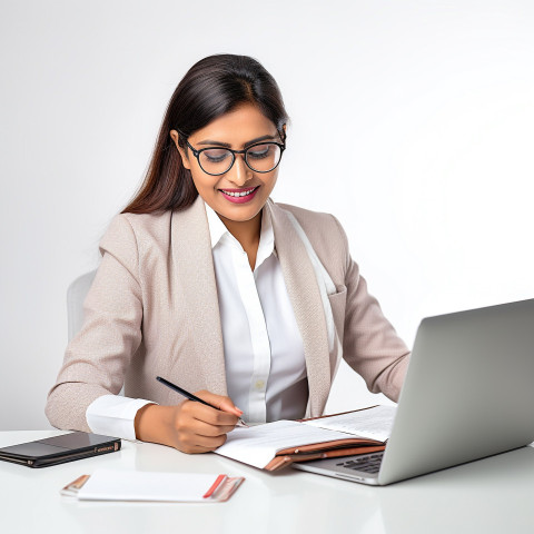 Friendly smiling beautiful indian woman banking and finance accountant at work on blured background