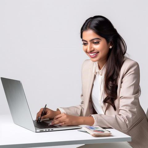 Friendly smiling beautiful indian woman banking and finance chief risk officer at work on blured background