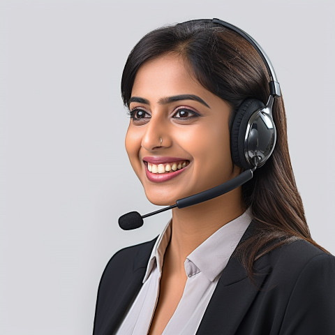 Friendly smiling beautiful indian woman banking and finance call center representative at work on blured background