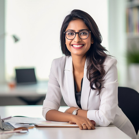 Friendly smiling beautiful indian woman banking and finance chief risk officer at work on blured background