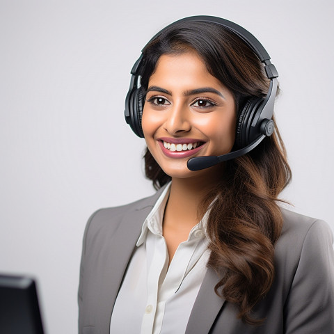 Friendly smiling beautiful indian woman banking and finance call center representative at work on blured background