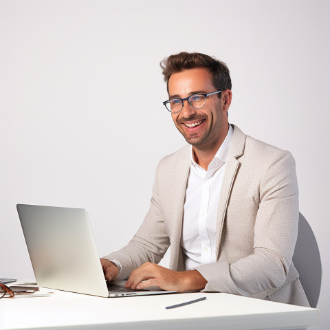 Friendly smiling handsome man banking and finance marketing manager at work on blured background