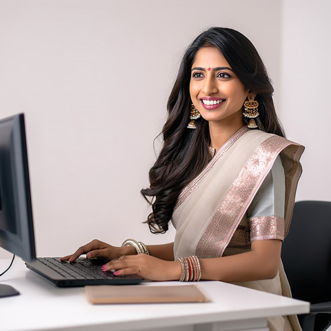 Friendly smiling beautiful indian woman banking and finance chief operating officer at work on blured background