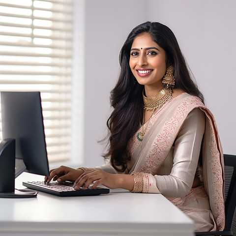 Friendly smiling beautiful indian woman banking and finance chief operating officer at work on blured background