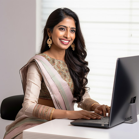 Friendly smiling beautiful indian woman banking and finance chief operating officer at work on blured background