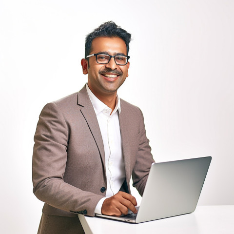 Friendly smiling handsome indian man banking and finance relationship manager at work on blured background