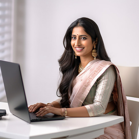 Friendly smiling beautiful indian woman banking and finance chief operating officer at work on blured background