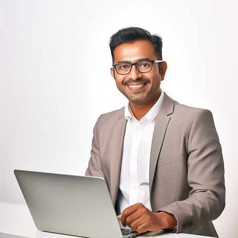 Friendly smiling handsome indian man banking and finance relationship manager at work on blured background