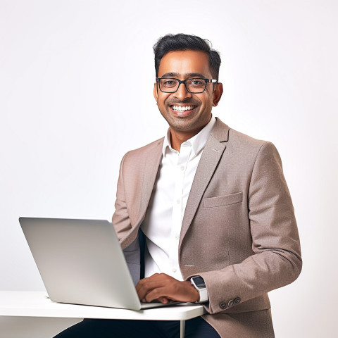 Friendly smiling handsome indian man banking and finance relationship manager at work on blured background