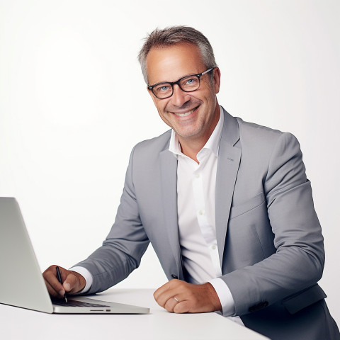 Friendly smiling handsome man banking and finance chief executive officer at work on blured background