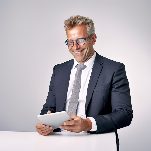 Friendly smiling handsome man banking and finance chief operating officer at work on blured background