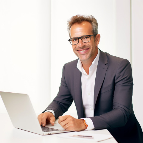 Friendly smiling handsome man banking and finance chief executive officer at work on blured background