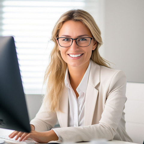 Friendly smiling beautiful woman banking and finance chief financial officer at work on blured background