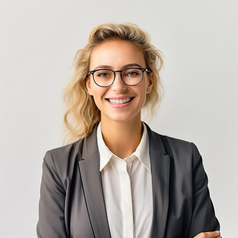 Friendly smiling beautiful woman banking and finance chief investment officer at work on blured background