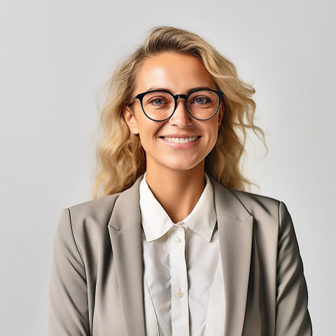 Friendly smiling beautiful woman banking and finance chief investment officer at work on blured background