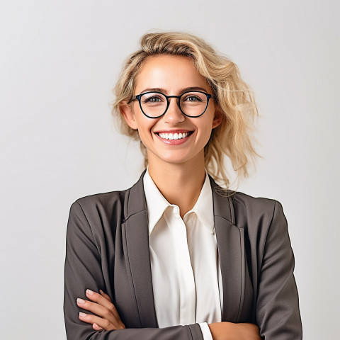 Friendly smiling beautiful woman banking and finance chief investment officer at work on blured background