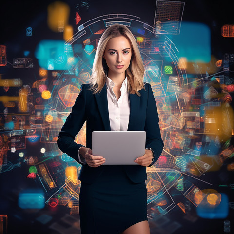 Confident beautiful woman banking and finance cybersecurity expert at work on blured background