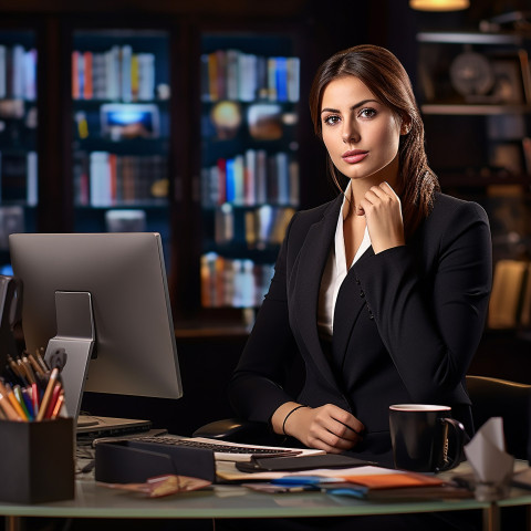 Confident beautiful woman banking and finance client support specialist at work on blured background