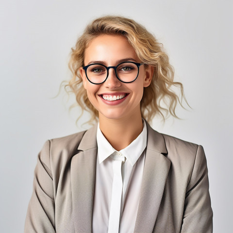 Friendly smiling beautiful woman banking and finance chief investment officer at work on blured background