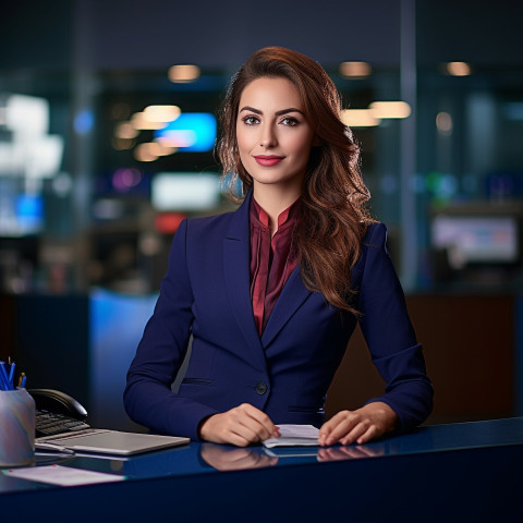 Confident beautiful woman banking and finance client support specialist at work on blured background