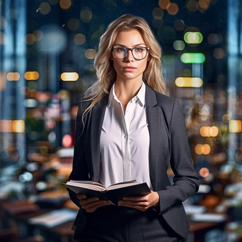 Confident beautiful woman banking and finance portfolio manager at work on blured background