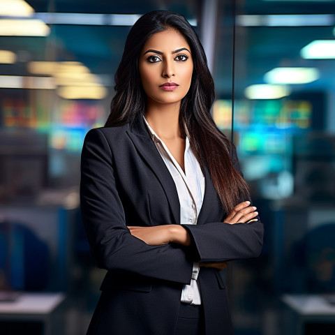 Confident beautiful indian woman banking and finance chief executive officer at work on blured background