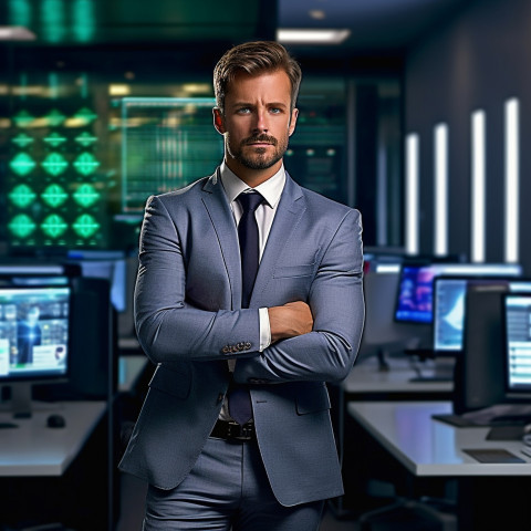 Confident handsome man banking and finance cybersecurity expert at work on blured background