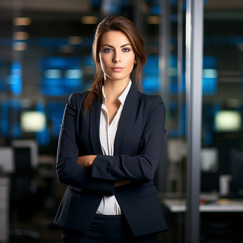 Confident beautiful woman banking and finance chief executive officer at work on blured background